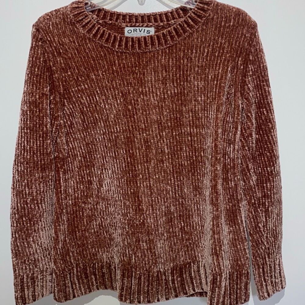 Orvis Women's Brown Chenille Ribbed Crew Neck Long Sleeve Pullover Sweater Small